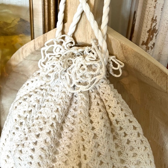 Vintage Handmade Crochet Doily Rope Cinched Festival Hippie Prairie Bag - Picture 4 of 5